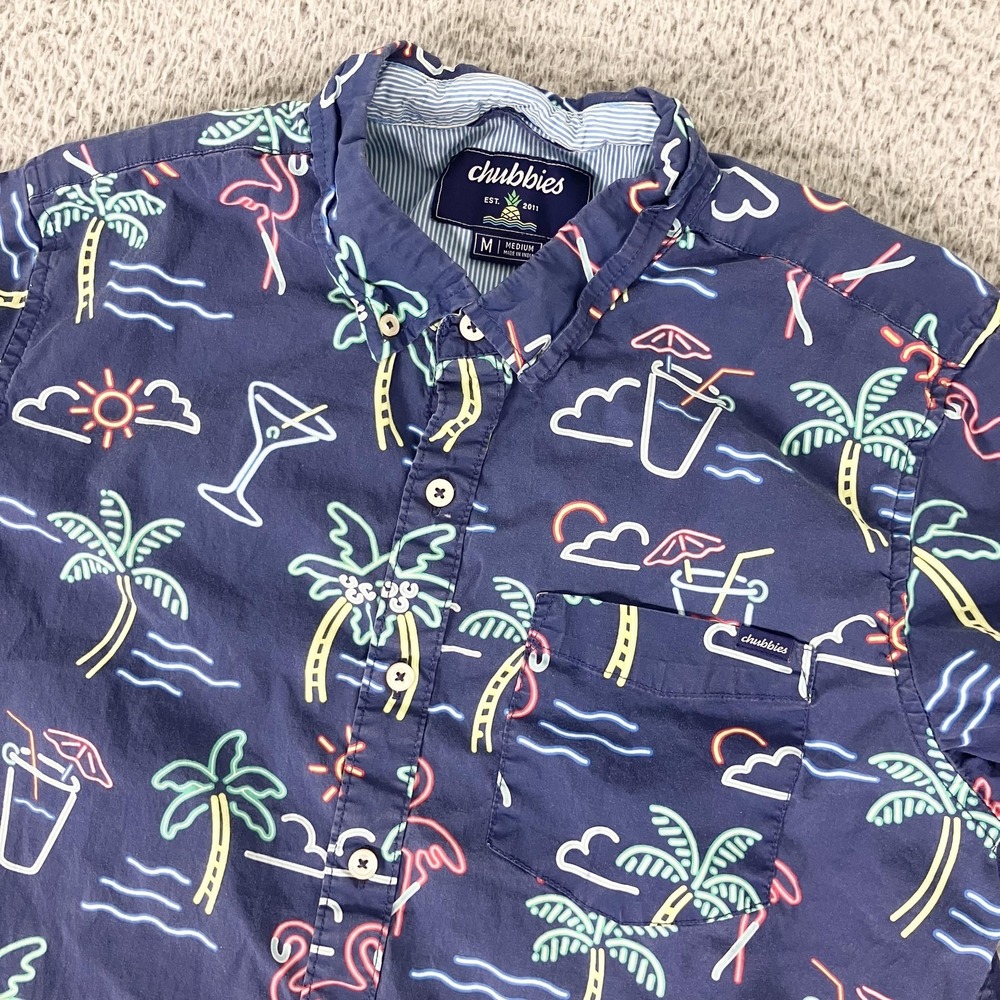 Chubbies Shirt‎ Mens Medium Blue Neon Tropical Flamingo Short Sleeve Button Up
